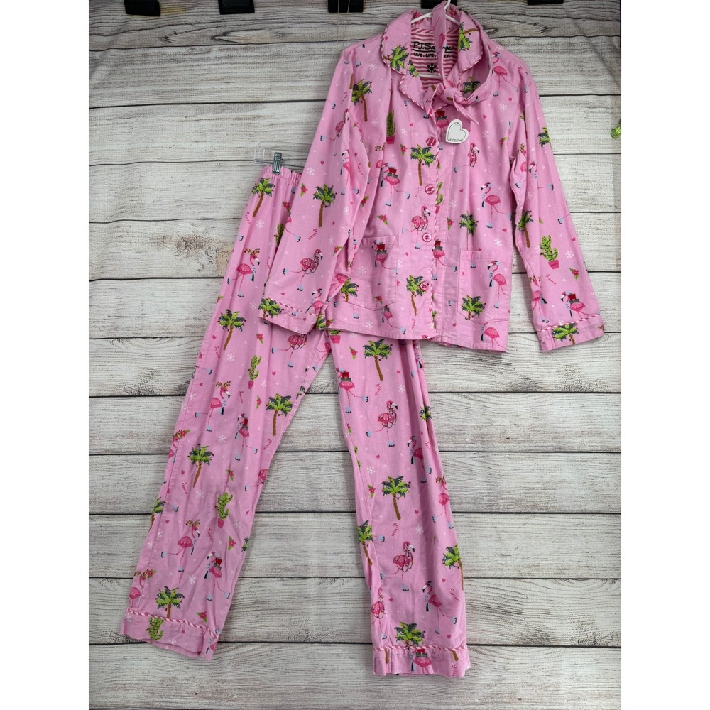 P.J. Salvage Pajama Set Womens M Pink Flamingo Flannel Long Sleeve Button Down